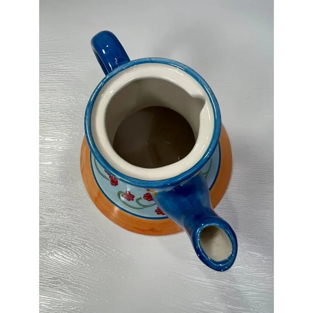 Vintage I Godinger & Co Floral Hand Painted Ceramic Teapot Blue Orange Whimsical